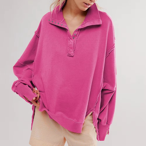 Sudadera de punto rosa oversize para mujer con cuello abotonado y detalles de remaches, hombros caídos, manga larga, ropa casual de otoño - Product Image 1