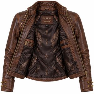 Chaqueta de cuero genuino para mujer, color marrón desgastado, estilo motero, con estampado personalizado de diosa alada, mangas con tachuelas de latón y detalles de púas. - Product Image 5