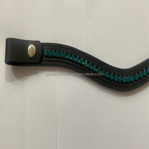 Wave Shape Black Genuine Leather Horse Brow <b>Band</b> Durable Stitching with Green Pearls Bling Chain & <b>Snap</b> Buttons for Loop Closure - Product Image 6
