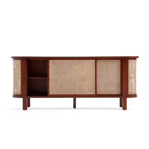 Meuble de salon en teck massif de style mid-century modern avec panneaux en rotin et compartiments de rangement pour maison moderne ou villa - Product Image 1