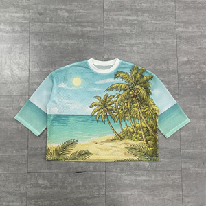 เสื้อยืดแขนสั้นผู้ชายทรงโอเวอร์ไซส์ ลายพิมพ์ชายหาดสไตล์ทรอปิคอล ผ้าถักโพลีเอสเตอร์ระบายอากาศดี สไตล์ลำลอง คอกลม - Product Image 2