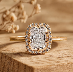 Bague de fiançailles halo en or massif 10K 14K 18K avec diamant de laboratoire radiant couleur DEF clarté VS VVS et moissanite certifiée IGI – Collection Fashion - Product Image 2