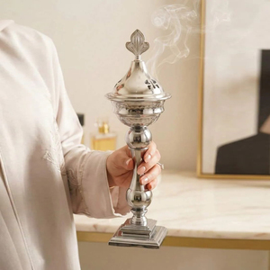 <b>Silver</b> Metal Arabic Incense <b>Burner</b> Featuring Dark Wooden Stem Accents And Domed Lid For Sophisticated Traditional Aromatherapy - Product Image 4