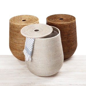 Grand panier rond en rotin et osier avec tressage robuste pour le rangement et la décoration intérieure, organisateur décoratif pour la chambre et la buanderie - Product Image 4