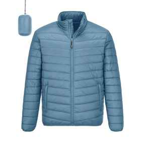 <b>Men's</b> Blue Stand Collar Puffer <b>Jacket</b> Windproof Polyester Filling Casual Zipper Closure Solid Color Regular Fit Thin Coat - Product Image 1