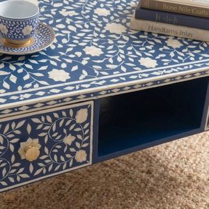 Handmade Bone Inlay Midcentury Modern Coffee <b>Table</b> Blue Floral <b>Storage</b> for Living Room Home Furniture - Product Image 3