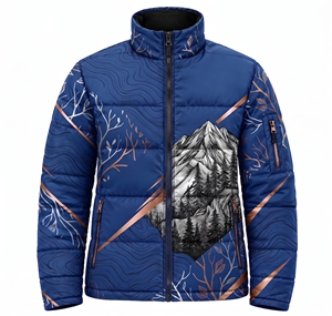Chaqueta acolchada unisex personalizada con sublimación, para invierno, cálida, en azul cobalto, azul real y negro, con estampado de ondas, cortavientos, acolchada, estilo urbano. - Product Image 4