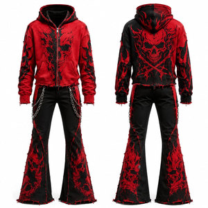 Chándal con capucha y estampado de calavera gótica en rojo y negro para hombre, con cremallera frontal completa, bolsillos laterales, corte holgado, para otoño - Product Image 1