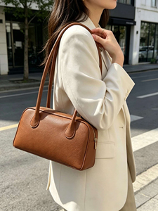 Black Genuine Leather <b>bowling</b> Bag With Zipper Closure Two Handles Ruched Detail Minimalist Women's Handbag Daily Use - Product Image 2