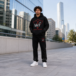 <b>Spark</b> Men Rhinestone Hoodie Jogger Tracksuit Set Black Fleece Streetwear Two Piece Casual Outfit For Daily Wear Wholesale - Product Image 6
