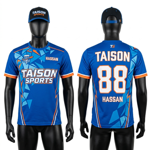 Maillot de golf pour hommes 150 GSM en polyester respirant, anti-humidité, avec panneaux géométriques bleus, sublimation, logo personnalisé, tenue d'équipe - Product Image 1