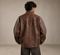 Veste chemise zippée en cuir marron délavé surdimensionnée pour homme, en cuir de mouton, style streetwear, coupe décontractée, vêtement d'extérieur décontracté