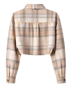 Chemisier court personnalisé beige à carreaux pour femme, col rabattu, manches longues, boutonné, style décontracté, fabricant OEM - Product Image 5