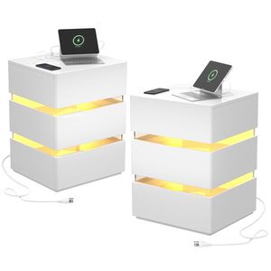 White 3-Drawer Side Cabinet Bedside Table Nightstand with RGB LED Charging Station USB Ports - Product Image 3