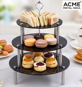 Support de service à étages en acrylique noir avec pieds en acier inoxydable, présentoir rond à 3 niveaux pour table de salle à manger, cuisine, restaurant - Product Image 5