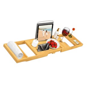 Bamboo Bathtub <b>Caddy</b> Tray Expanding <b>Bath</b> Board Organizer Wine Glass Tablet Holder For Luxury Spa Bathroom Decor Wholesale - Product Image 1