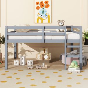 Cama Alta de Madera de Caucho Gris de Tamaño Completo con Escalera y Construcción Metálica Resistente - Product Image 6