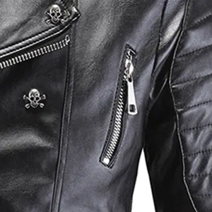 Men's Slim Fit Genuine Leather Canvas Motorcycle Jacket Skull Decorations Zipper Closure Stand <b>Thin</b> Waterproof Autumn Wear - Product Image 2