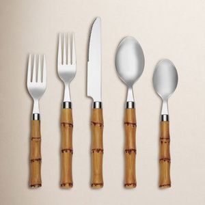 Juego de Cubiertos Vintage con Mango de Bambú, 5 Piezas, Acero Inoxidable Pulido Espejo, para Bodas - Product Image 2