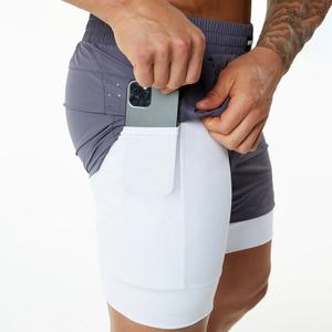 Sports Gym Solid Contrast Mesh Breathable Windproof Quick Dry Zipper Pockets Workout Men Double <b>Layer</b> Shorts - Product Image 3