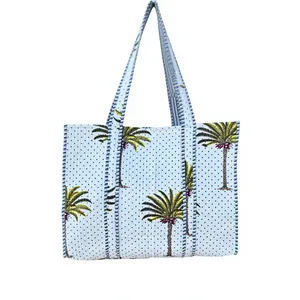 Bolso Tote Acolchado de Algodón con Estampado Tropical Turquesa, Estilo Bohemio, Bolso de Compras de Verano, Diseño Abierto - Product Image 6