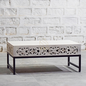 Mesa de Centro Moderna de Madera Tallada con Estructura Metálica y Cajón de Almacenamiento para Sala de Estar o Entrada - Product Image 1