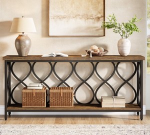 Console en bois rustique avec étagère de rangement en métal, meuble d'entrée ou de salon au design antique - Product Image 2