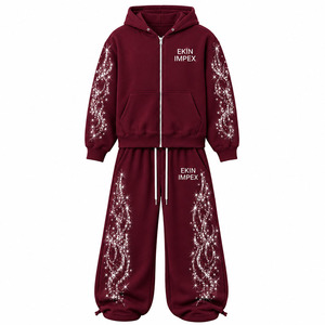 Men's Women's Premium Maroon Burgundy Crystal Rhinestone <b>Star</b> Sparkle Flame Sweatsuit <b>Set</b> Full Zip Hoodie Wide Leg Baggy Jogger - Product Image 3