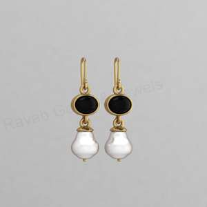 Boucles d'oreilles pendantes faites à la main en argent 925, onyx noir et perle d'eau douce, style Art Déco, serties de pierres, plaqué or 18 carats, bijoux fins pour femmes - Product Image 4