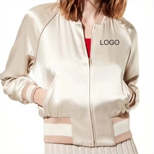 Women's Satin Varsity Jacket Full Sleeve Solid Color Stand Collar Zipper Closure Logo Front Spring Wear - Product Image 5