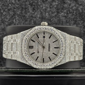 Reloj Automático con Diamantes Moissanite para Hombre y Mujer, Chapado en Blanco, Claridad VVS, Esfera Romana Totalmente Adornada, Correa Redonda de Acero Inoxidable de 20 mm - Product Image 1
