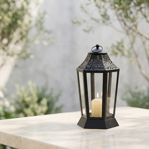 Lanterne porte-bougie en métal noir de taille standard pour la décoration de la maison et les mariages (vente en gros) - Product Image 1
