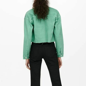 Fashion Green <b>Cropped</b> <b>Denim</b> <b>Jacket</b> for Women Custom Logo Long Sleeve Jean Coat Manufacturer Supply - Product Image 5