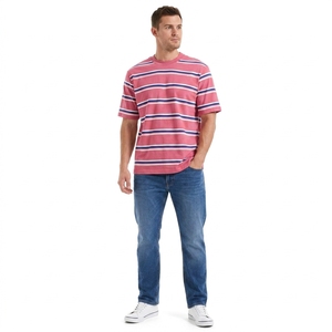 T-shirt décontracté élégant à rayures multiples, manches courtes, col rond, coupe classique confortable, pour tous les jours, été, unisexe, 100% biologique - Product Image 2