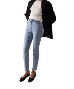 Jean déchiré taille haute coupe droite pour femme grande taille, longueur cheville, style décontracté, 100 % coton, denim vieilli - Product Image 1