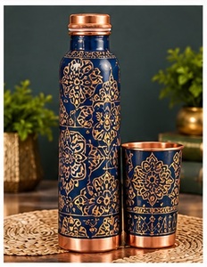 Artistic Floral Bird Pattern <b>Copper</b> <b>Water</b> <b>Bottle</b> with <b>Copper</b> Lid and Cup - Product Image 3