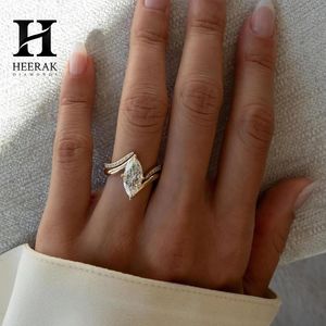 Conjunto de Anillos de Boda Marquise de Moda, 2 Piezas, Banda Asimétrica de Contorno Cruzado, Oro Amarillo de 10K y 14K, Joyería Personalizada - Product Image 2
