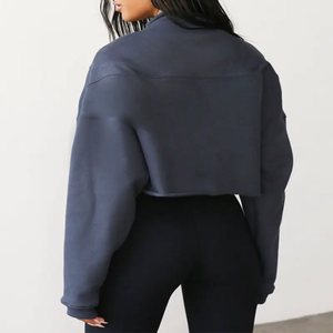 Women's Dark Grey Long Sleeve Half Zip Premium Heavyweight Fleece Pullover <b>Stand</b> Collar Athletic Top Winter Front - Product Image 3