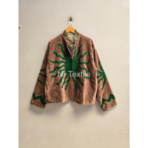 Chaqueta de Algodón Bordada a Mano con Patrón Geométrico Verde, Cuello Alto, Manga Larga, para Otoño - Product Image 3