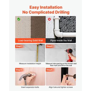 Sedile Doccia Pieghevole da Parete da 45 cm, Panca Ribaltabile in Plastica con Schienale, Attrezzatura di Sicurezza per Bagno e Corridoio - Product Image 6