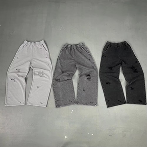 High Quality Acid Wash Distressed Casual Men Canvas Mid Wide Leg Baggy Sweatpants 450 GSM Fleece Heavyweight <b>Flared</b> Trousers - Product Image 2