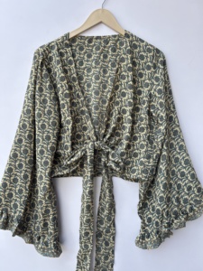 Top vintage sin mangas para mujer, top de seda con lazo, top corto con mangas acampanadas, top suave y cómodo para vacaciones - Product Image 3