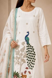 Salwar Kameez Blanco Bordado para Mujer, Corte Holgado, Largo hasta el Tobillo, Algodón, Estilo Tradicional Informal de India y Pakistán, para Todas las Temporadas - Product Image 2