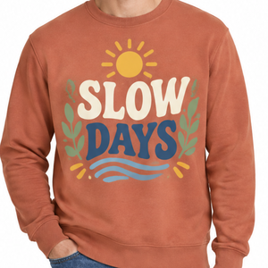 OEM Custom Rust Orange <b>Fleece</b> <b>Sweatshirt</b> Vintage Nature Sun Wave Screen Print Slow Days Slogan Casual <b>Sweatshirt</b> - Product Image 2