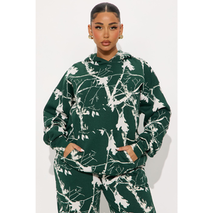 Ensemble sweat-shirt et pantalon pour femme, imprimé floral vert, style streetwear, manches longues, coupe ample, décontracté, tricoté, 2 pièces, 100% coton - Product Image 4