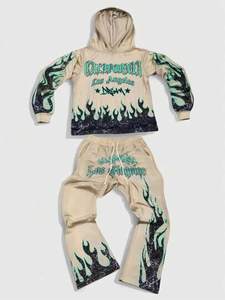 Custom Patchwork Flared Pants and Hoodie <b>Set</b> Applique Distressed <b>Embroidery</b> Tracksuit Men Acid Wash Slim Fit Tracksuits For Men - Product Image 6