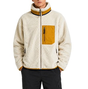 Chaquetas de Forro Polar Sherpa de Color Beige Liso de 380 g/m², Chaquetas de Invierno con Paneles en Contraste Dorado y Diseño Bordado - Product Image 1