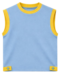 Ensemble décontracté d'été pour homme : débardeur sans manches bleu clair et short en coton avec bordure jaune et cordon de serrage – Ensemble deux pièces tendance - Product Image 1