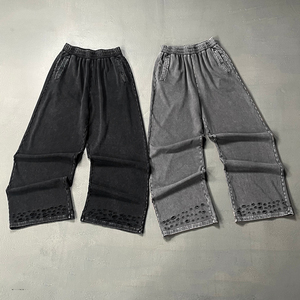 High Quality Custom Logo 360G Distressed Ripped Washed Canvas Polyester/Cotton Comfort Terry <b>Drawstring</b> Casual <b>Trousers</b> - Product Image 6