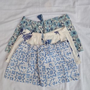 men's Frill Pajama Set White Blue Moroccan Tile Geometric Block Print Cotton Tassel Drawstring Waist Frill Summer Boho Shorts - Product Image 3